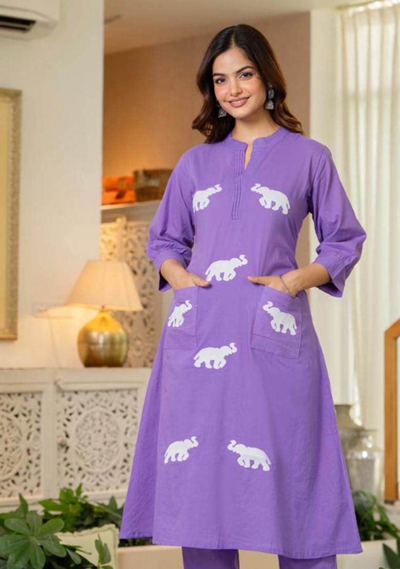 Blue Printed Cotton Kurta Set - Indya