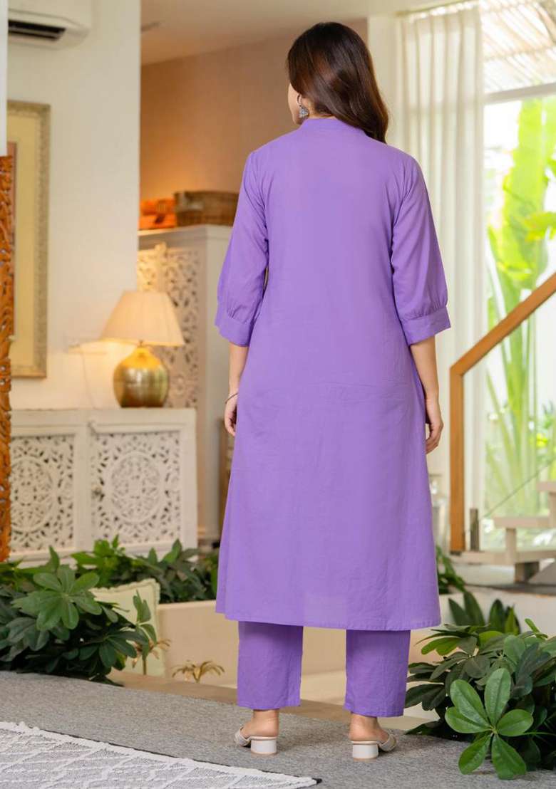 Blue Embroidered Cotton A Line Kurta Set - Indya