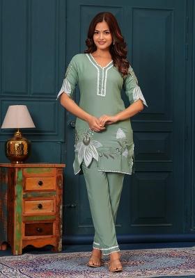 Green Embroidered Cotton Co Ord Set