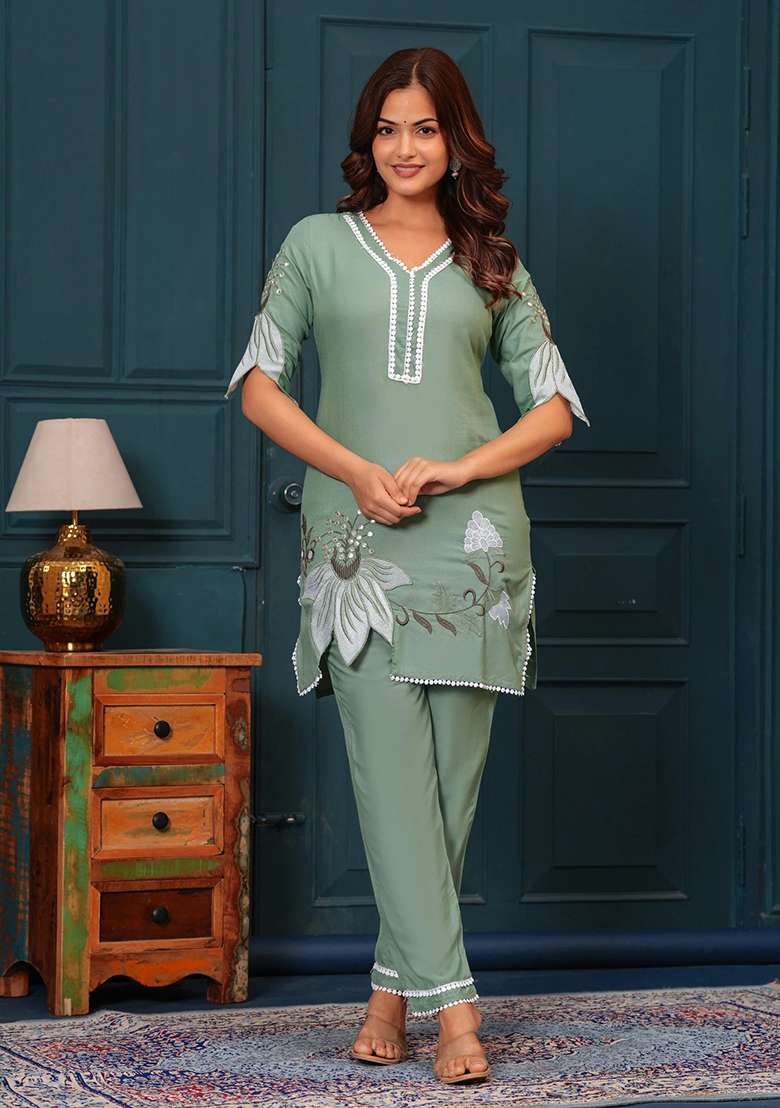 Green Embroidered Cotton Co Ord Set - Indya