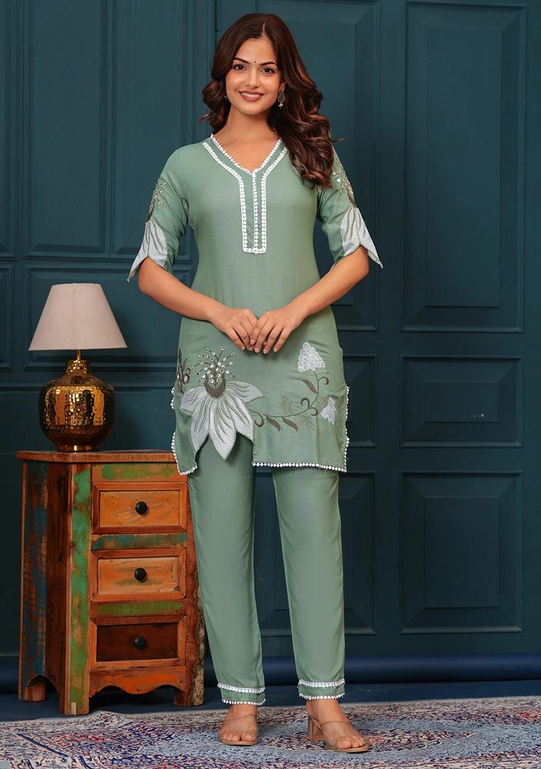 Green Printed Cotton Kurta Set - Indya