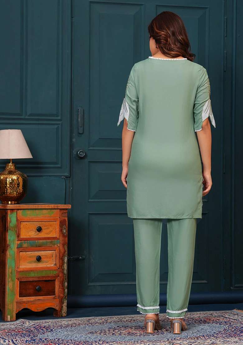 Green Embroidered Cotton Co Ord Set - Indya