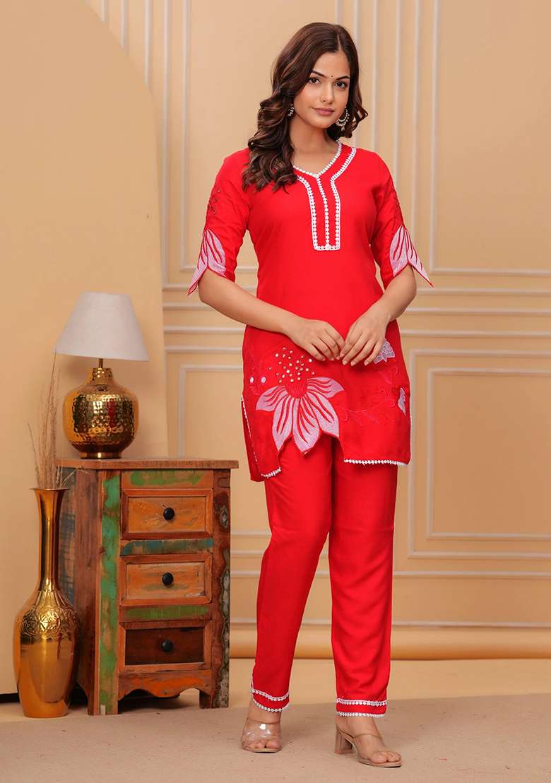 Red Embroidered Cotton Co Ord Set - Indya