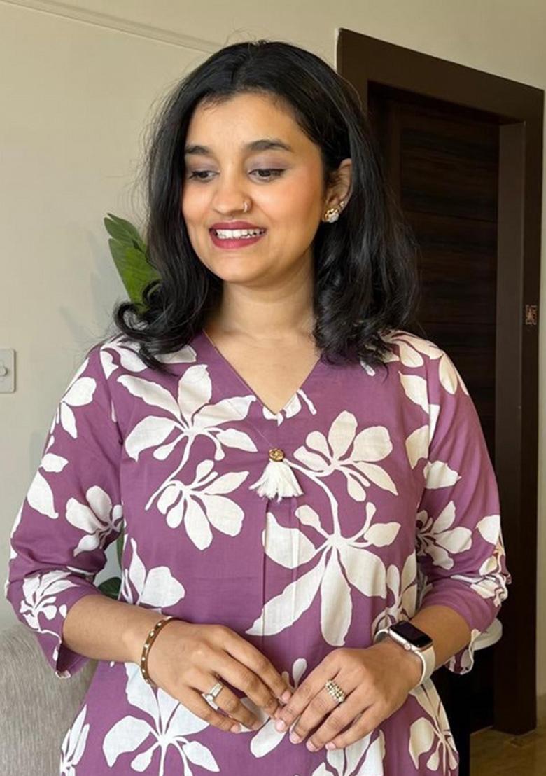 Purple Printed Cotton Kurta Set - Indya