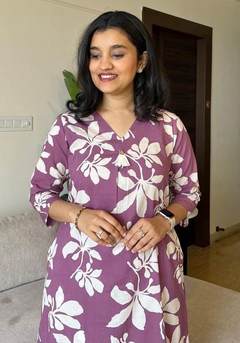 Purple Printed Cotton Kurta Set