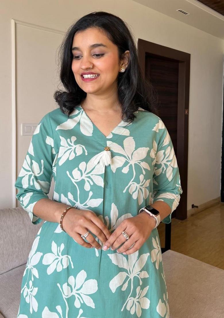 Green Printed Cotton Kurta Set - Indya