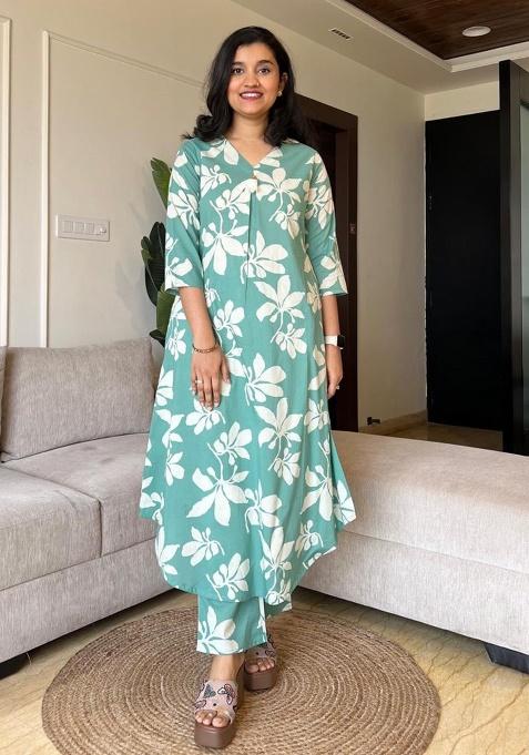 Light Blue Printed Cotton Kurta Set