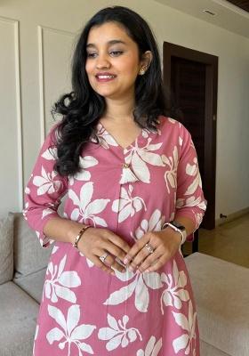 Pink Printed Cotton Kurta Set