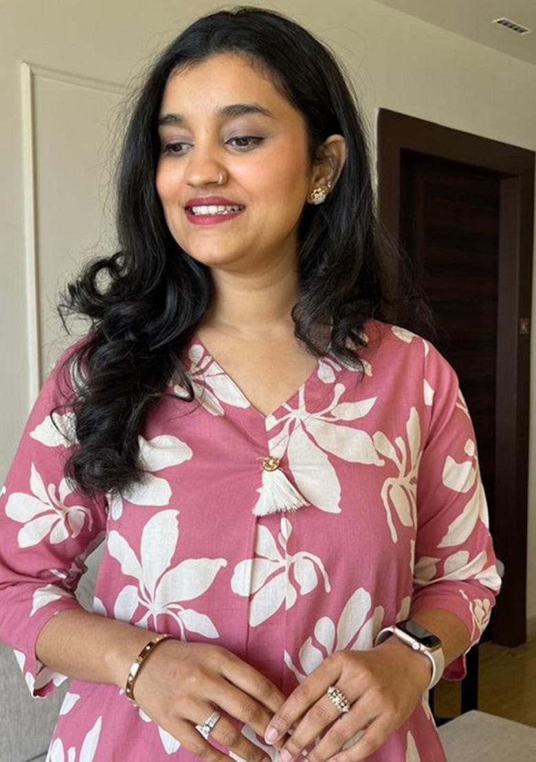 Pink Printed Cotton Kurta Set - Indya