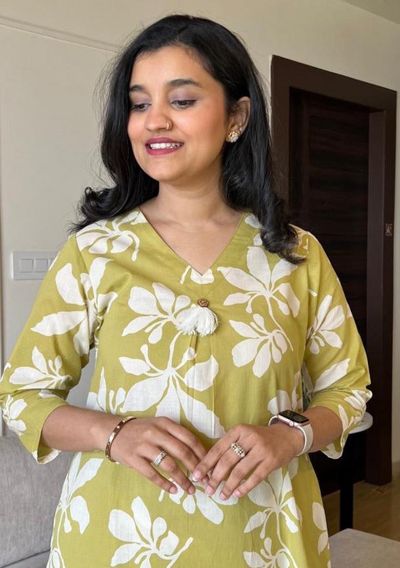 Sea Green Printed Cotton Kurta Set - Indya