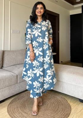 Blue Floral Print Cotton A Line Kurta Set