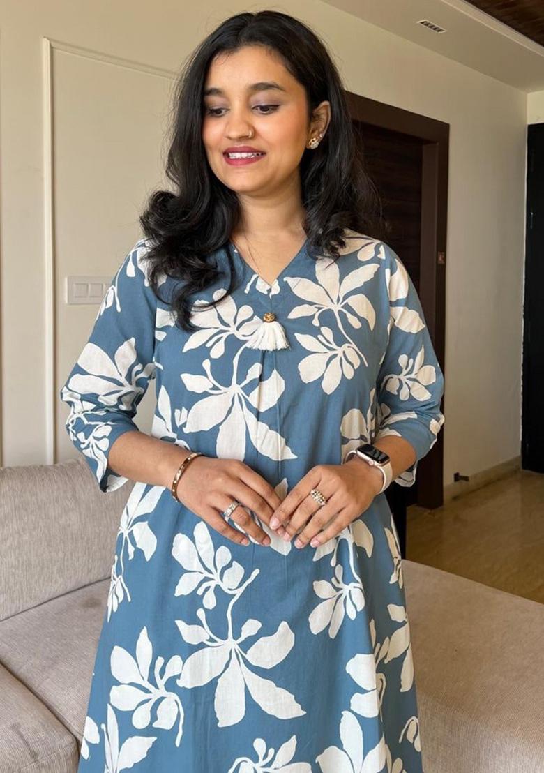 Blue Printed Cotton Kurta Set - Indya
