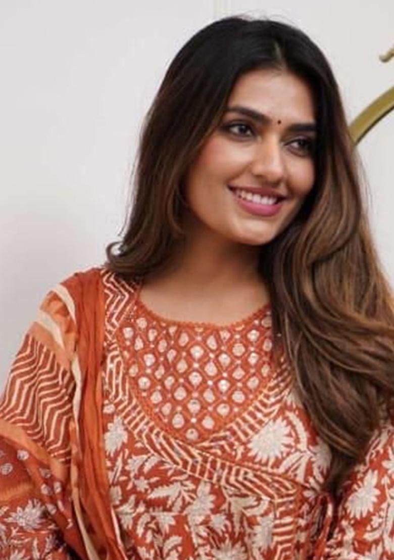 Orange Printed Cotton Kurta Set - Indya