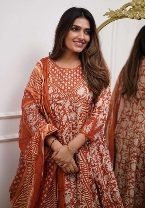 Orange Printed Cotton Kurta Set