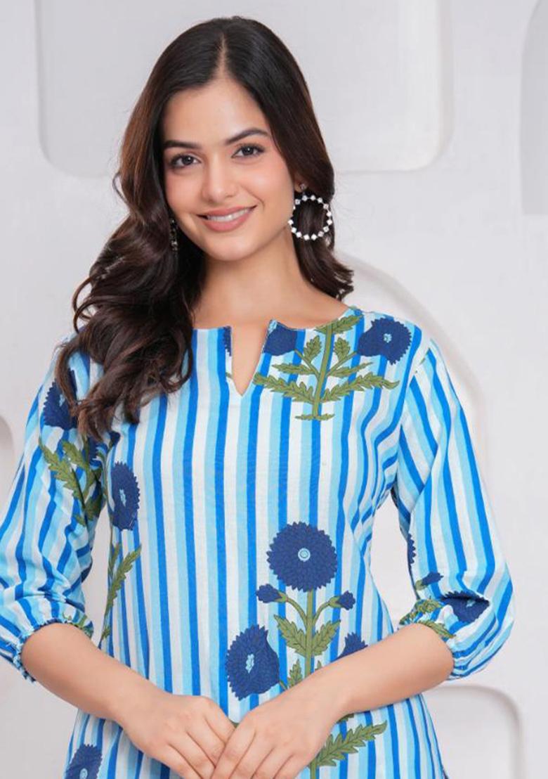Blue Printed Cotton Kurta Set - Indya