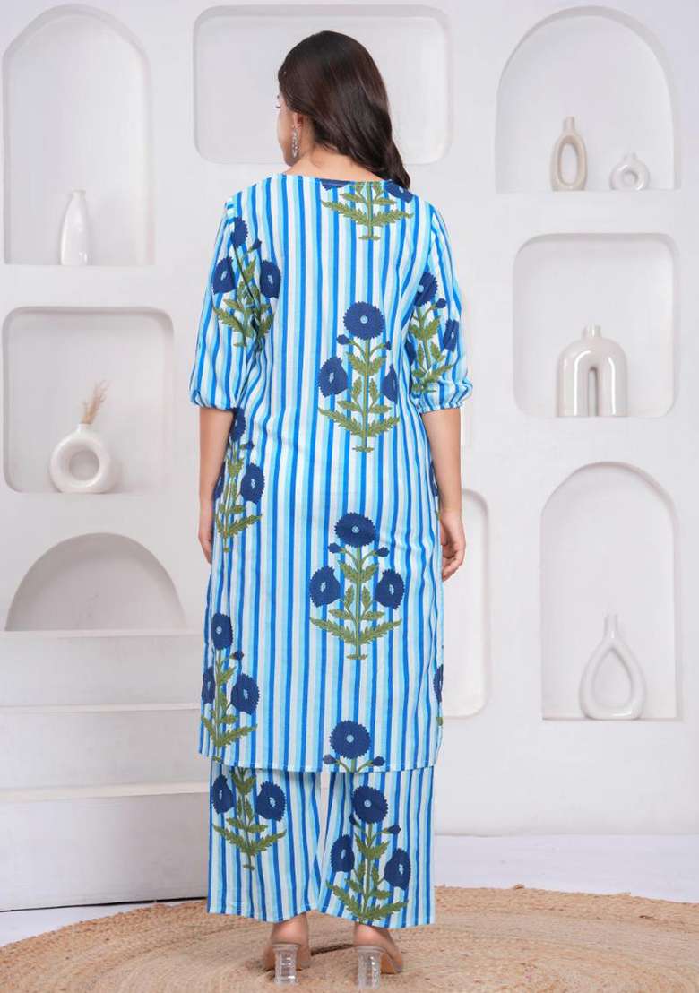 Blue Striped Cotton Kurta - Indya