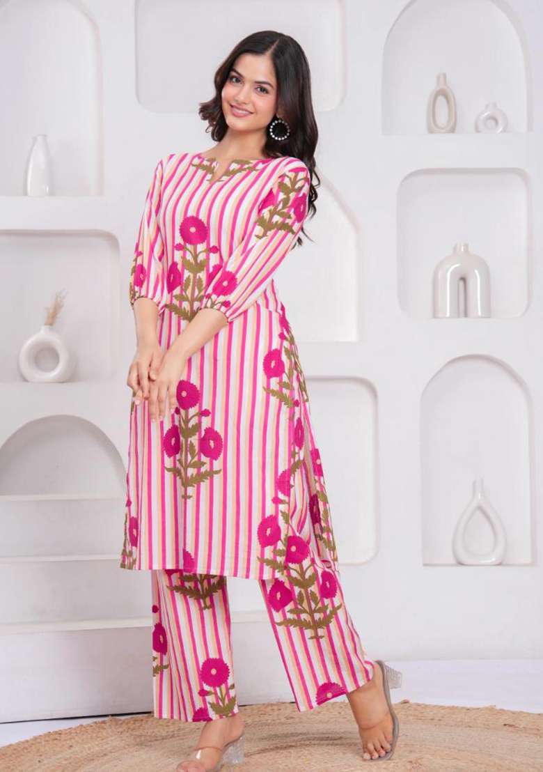 Pink Striped Cotton Kurta - Indya