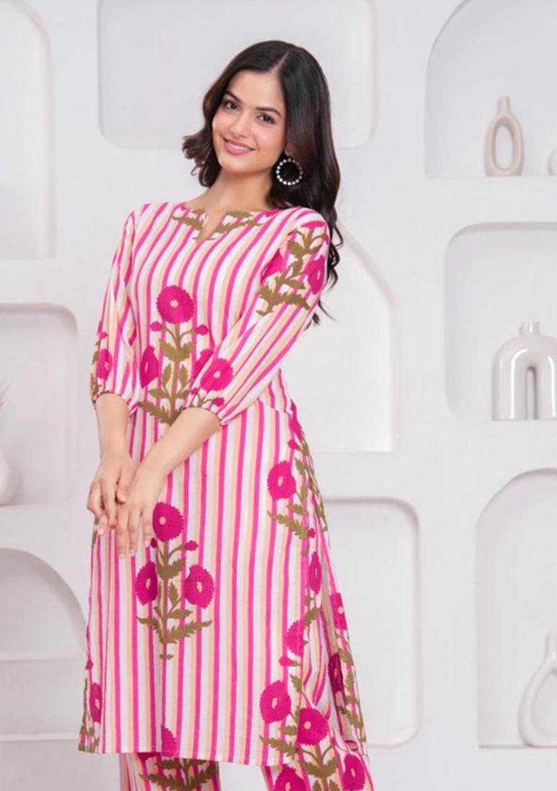 Pink Printed Cotton Kurta Set - Indya