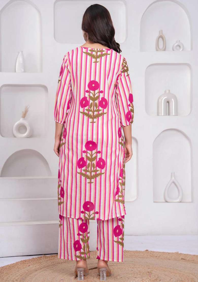 Pink Striped Cotton Kurta - Indya