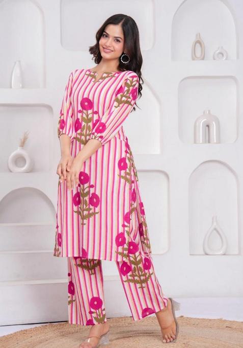 Pink Printed Cotton Kurta Set