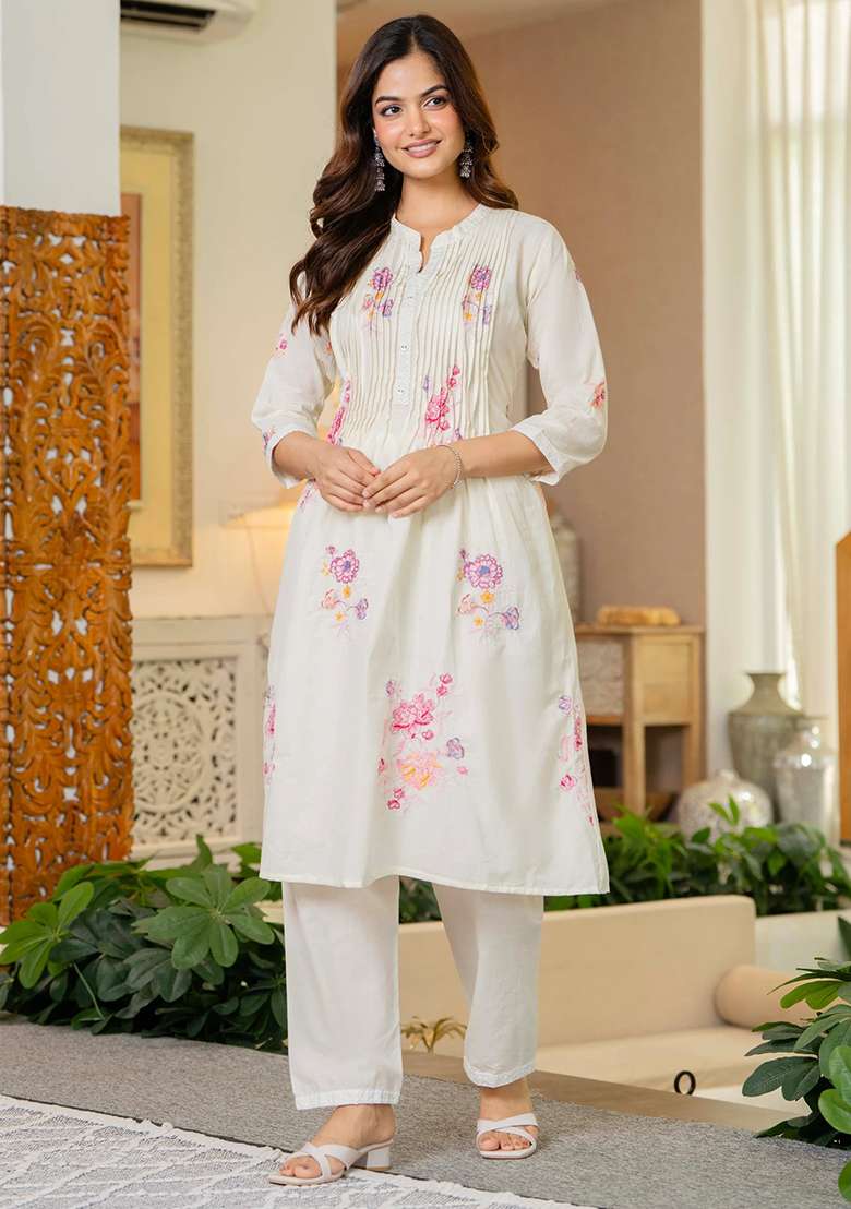 White Embroidered Cotton A Line Kurta Set - Indya