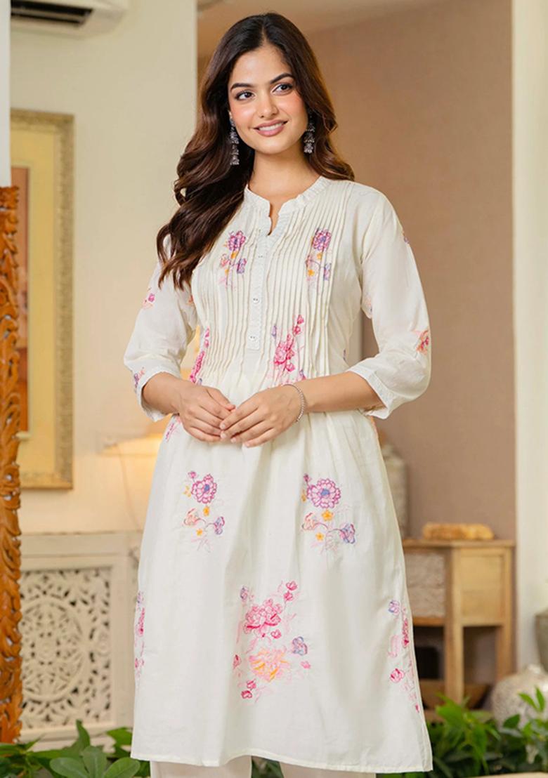 White Printed Cotton Kurta Set - Indya