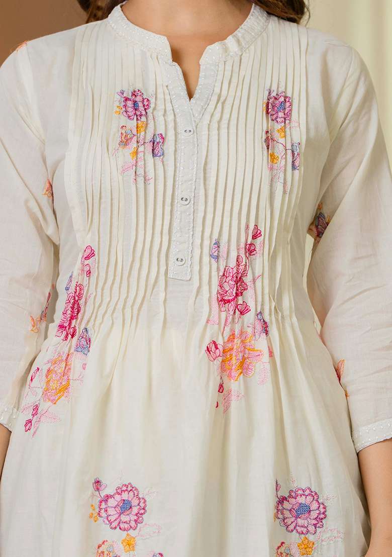 White Embroidered Cotton A Line Kurta Set - Indya