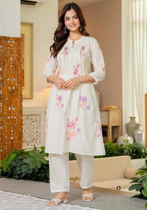 White Printed Cotton Kurta Set