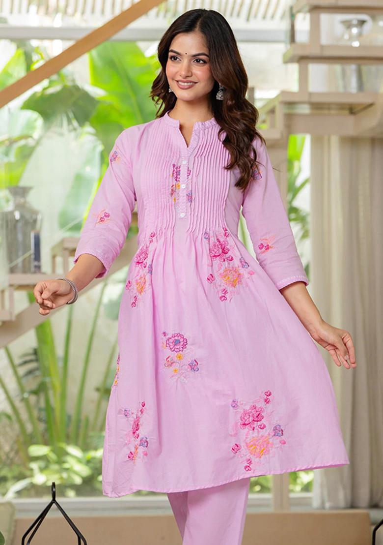 Pink Printed Cotton Kurta Set - Indya