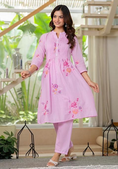 Pink Printed Cotton Kurta Set