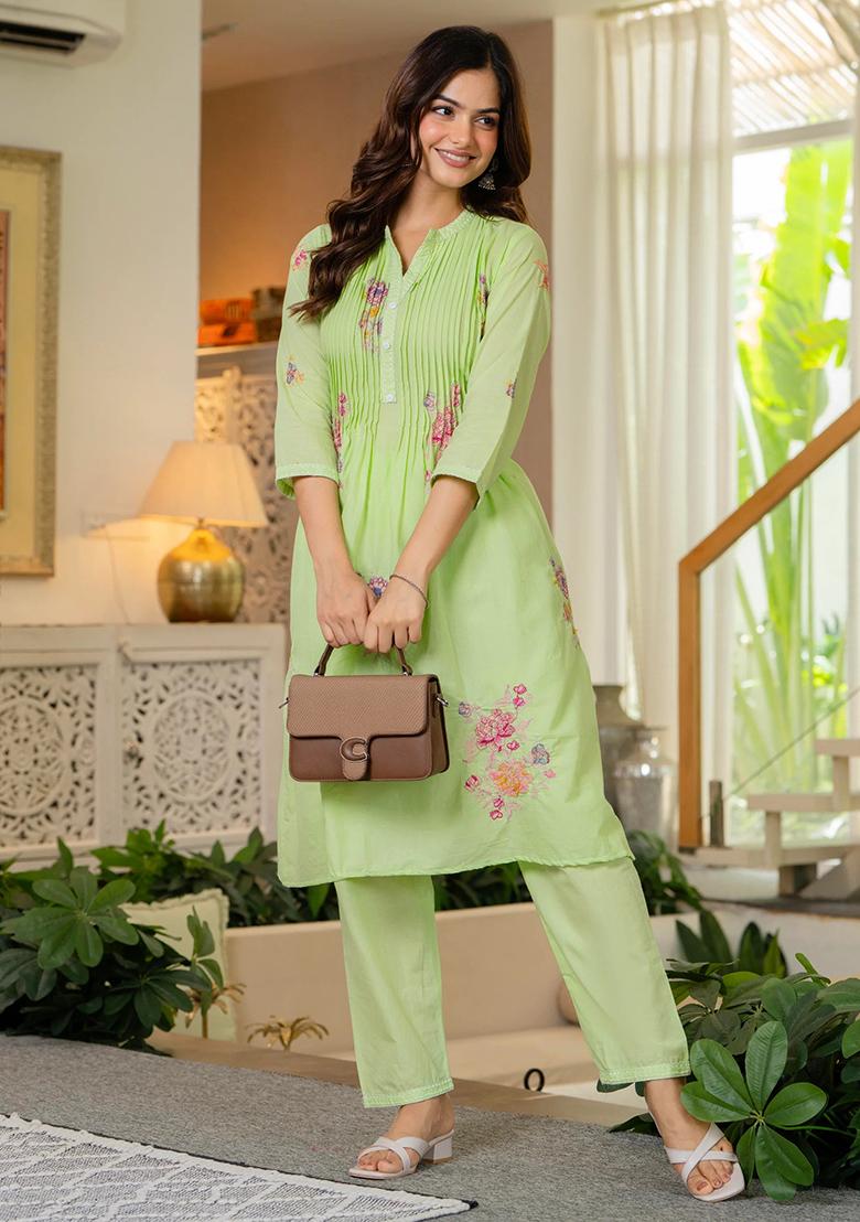 Green Printed Cotton Kurta Set - Indya