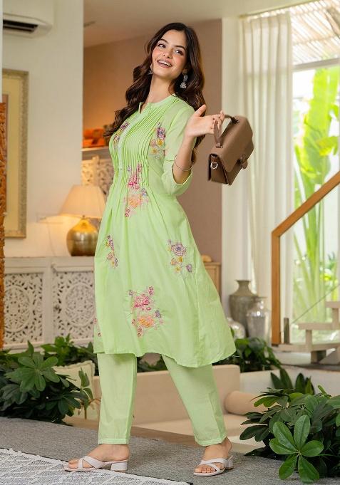 Green Printed Cotton Kurta Set