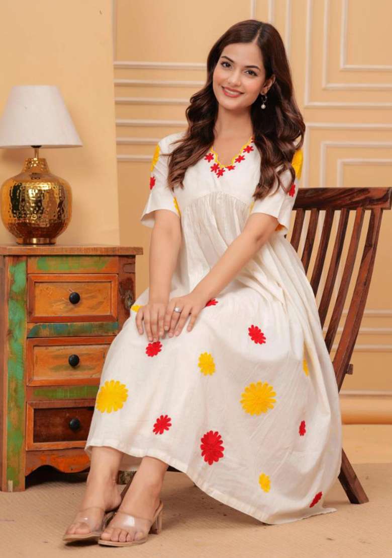 White Embroidered Cotton Kurta - Indya