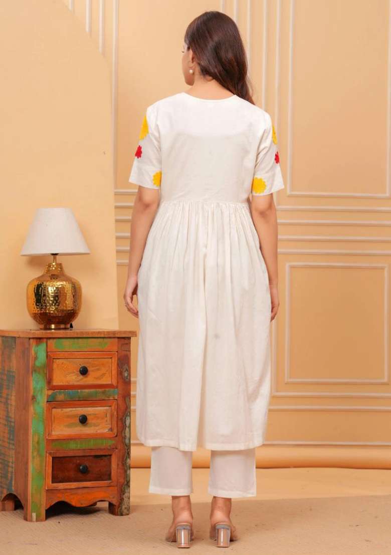White Embroidered Cotton Kurta - Indya