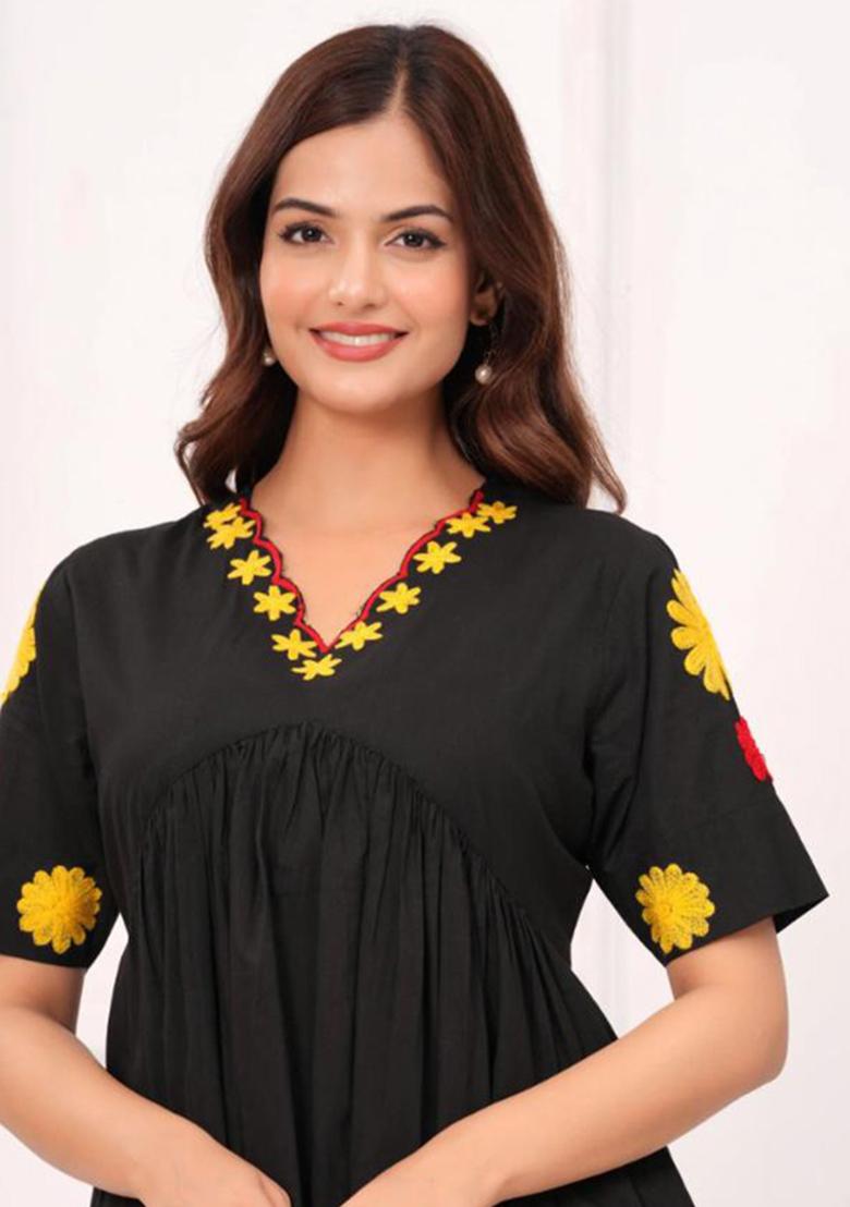 Black Printed Cotton Kurta Set - Indya