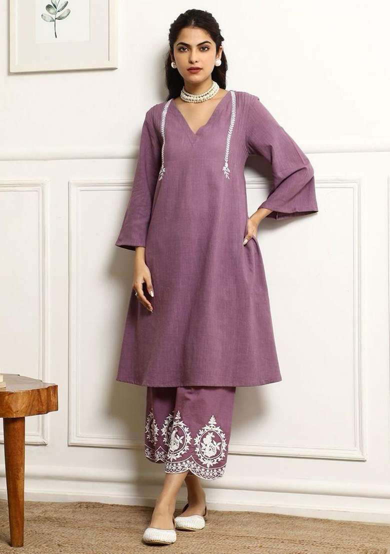 Purple Embroidered Cotton A Line Kurta Set - Indya
