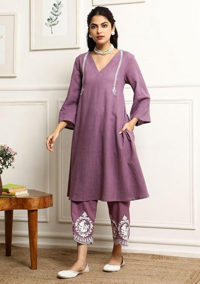 Purple Printed Cotton Kurta Set - Indya
