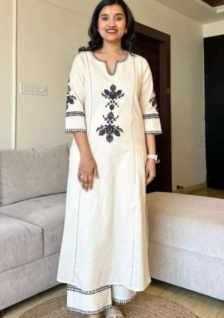Off-White Embroidered Cotton Straight Kurta Set - Indya