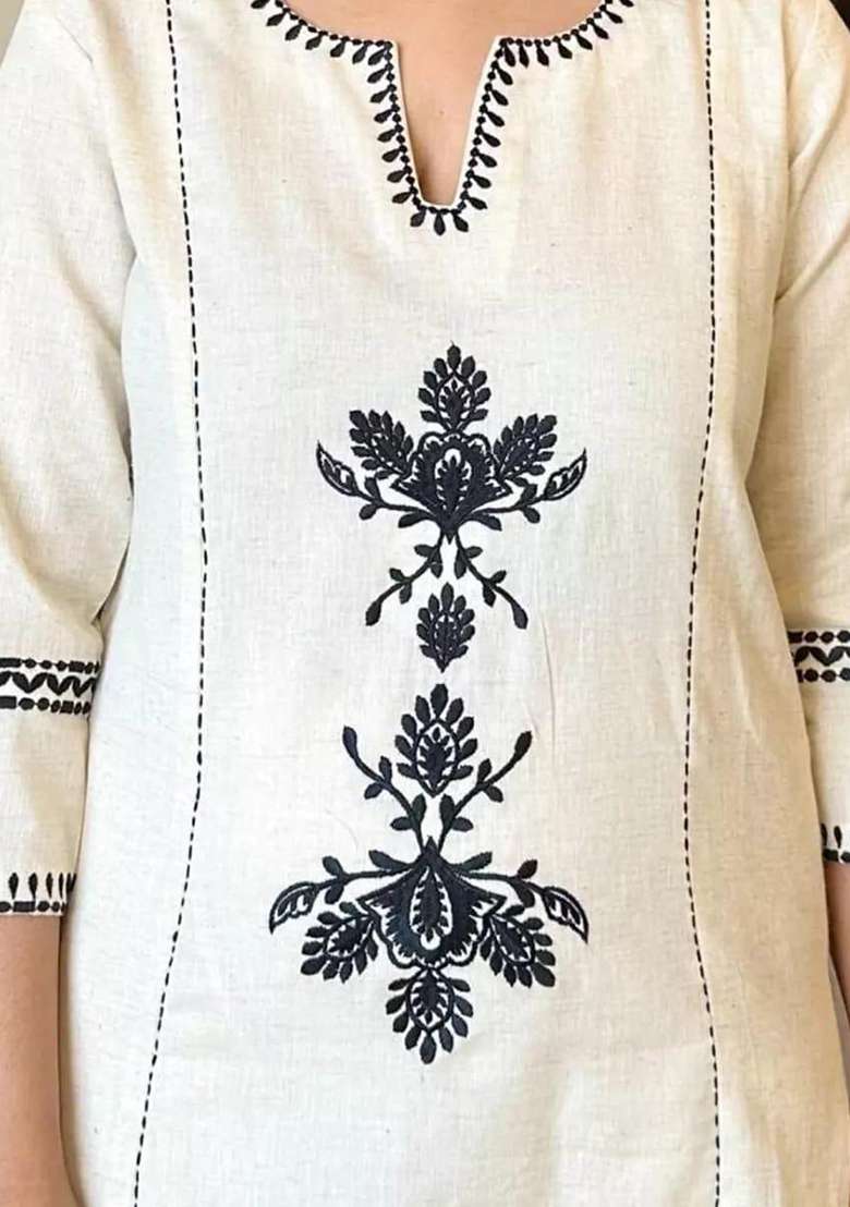 Off-White Embroidered Cotton Straight Kurta Set - Indya