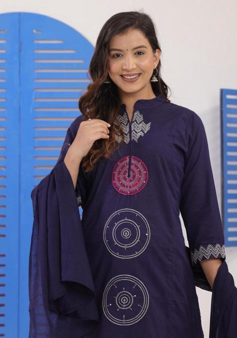 Blue Printed Cotton Kurta Set