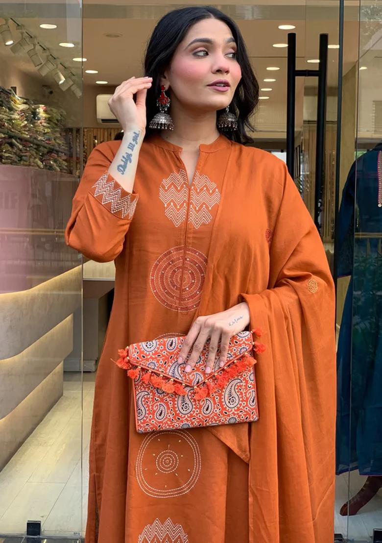 Orange Printed Cotton Kurta Set - Indya