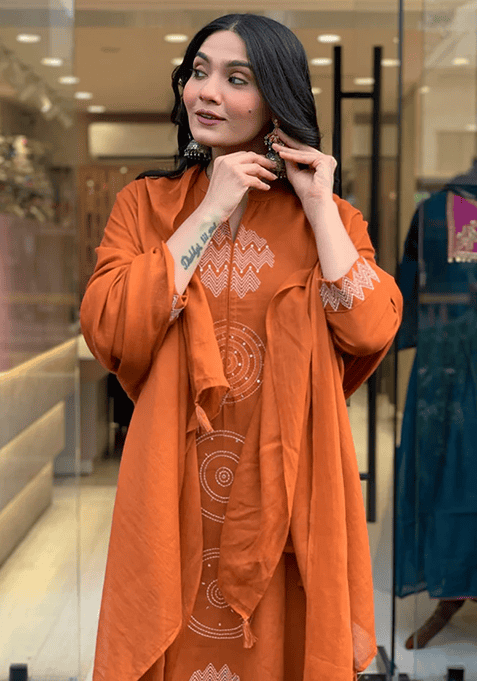 Orange Printed Cotton Kurta Set
