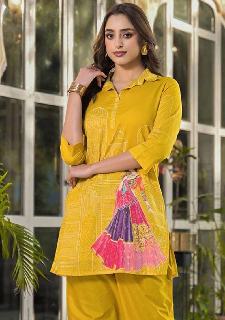 Yellow Printed Cotton Kurta Set - Indya