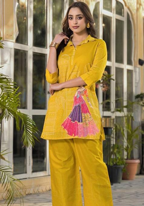 Yellow Printed Cotton Kurta Set