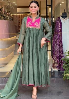Green Embroidered Cotton Anarkali Set
