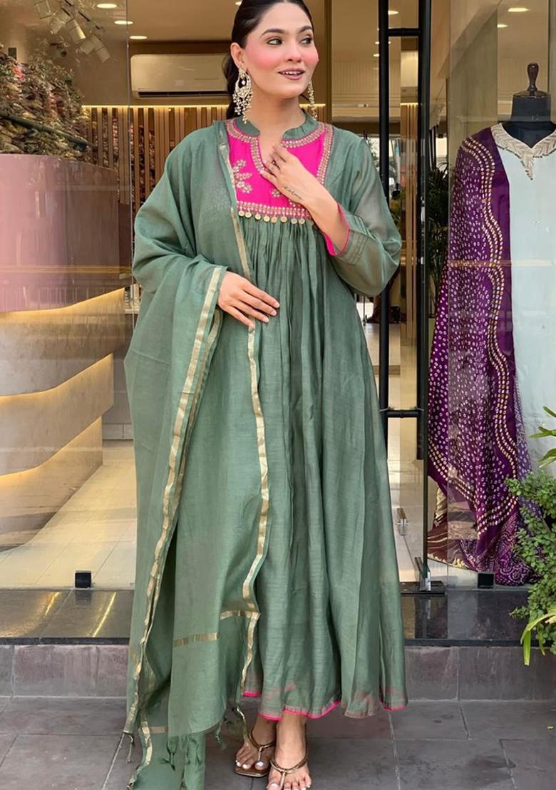 Green Printed Cotton Kurta Set - Indya