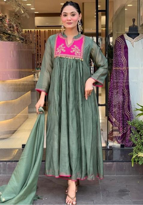 Green Printed Cotton Kurta Set