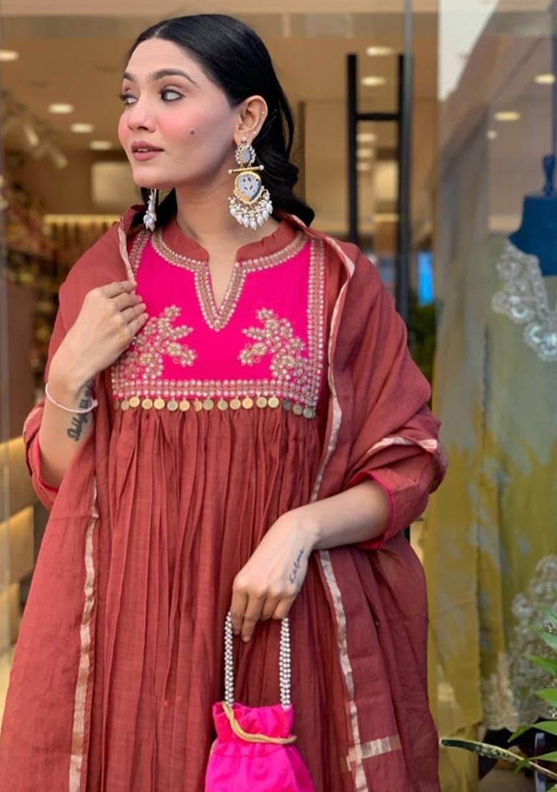 Orange Printed Cotton Kurta Set - Indya