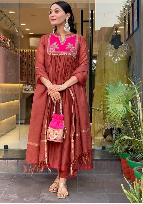 Orange Printed Cotton Kurta Set