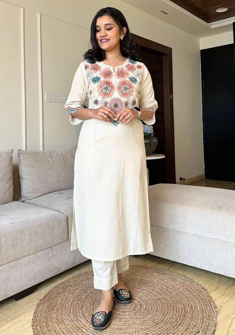 White Embroidered Cotton Straight Kurta Set - Indya